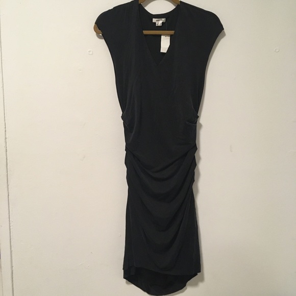 NWT Helmut Lang Grey V-Neck Gathered Midi Dress L - Picture 2 of 6
